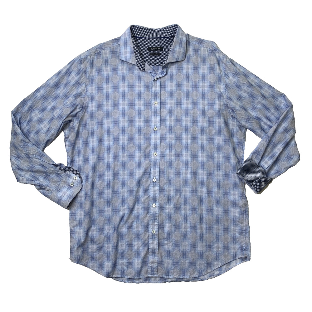BUGATCHI Shirt Mens XXL White Blue Classic Fit Long Sleeve Geo Daze Flip Cuffs